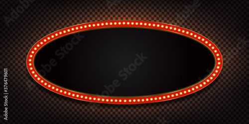 Vector realistic isolated oval retro marquee billboard with electric light lamps for invitation on the transparent background. Concept of vintage decoration.