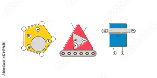 three robots homemade from geometric shapes of different colors