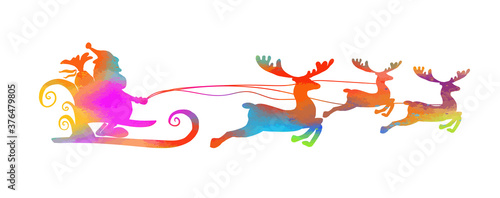 Santa Claus in a sleigh rides on deer. Vector illustration