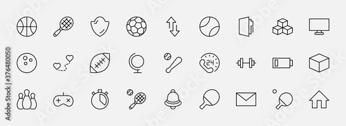 Set of Sports balls  hobbies  entertainment vector line icons. It contains symbols of football  basketball  bowling  tennis and much more. Editable Stroke. 32x32 pixels.