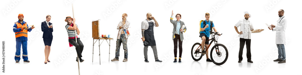 Group of people with different professions on white studio background, horizontal. Modern workers of diverse occupations, models like accountant, cook, deliveryman, teacher, gondolier, painter, boss. Group of people with different professions on white studio background, horizontal. Modern workers of diverse occupations, models like accountant, cook, deliveryman, teacher, gondolier, painter, boss.