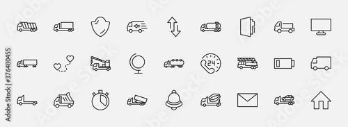 Truck Set of Transport Vector Line Icons. Contains such Icons as Truck, Transportation, Tow Truck, Cranes, Mixer, Garbage Truck, Manipulators, Delivery service and more. Editable Stroke. 32x32 Pixels