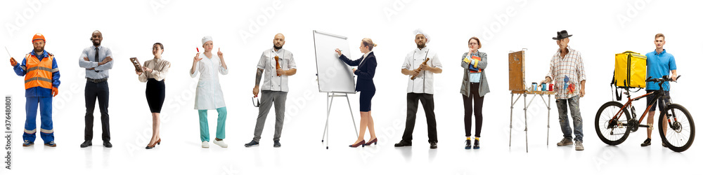 Group of people with different professions on white studio background, horizontal. Modern workers of diverse occupations, models like accountant, cook, deliveryman, teacher, gondolier, painter, boss. - obrazy, fototapety, plakaty 