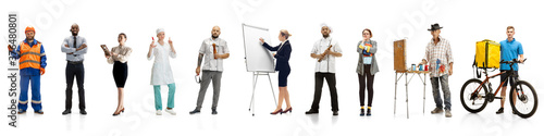 Group of people with different professions on white studio background, horizontal. Modern workers of diverse occupations, models like accountant, cook, deliveryman, teacher, gondolier, painter, boss.