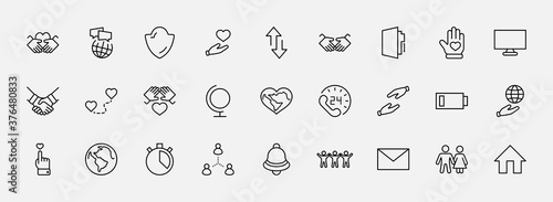 International Day of Human Solidarity Line Vector Icons Set. Contains such Icons as Handshake, Heart, planet Earth, helping Hand, People and more. Editable Stroke. 32x32 Pixels