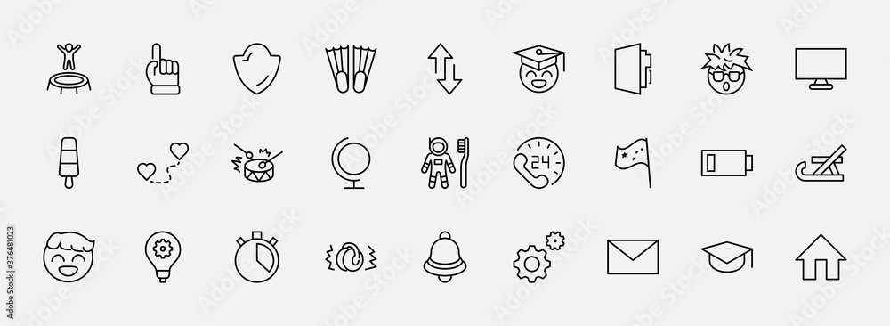 International World Day of Children's Inventions Set Line Vector Icon. Contains such Icons as Toothbrush astronauts, Trampoline, Flippers, Frozen juice, earmuffs. Editable Stroke. 32x32 Pixels International World Day of Children's Inventions Set Line Vector Icon. Contains such Icons as Toothbrush astronauts, Trampoline, Flippers, Frozen juice, earmuffs. Editable Stroke. 32x32 Pixels
