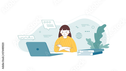 Online learning concept. Happy girl watching webinar. Distance education using laptop. Remote communication. Chat with skype, zoom tutor, video calling. Home work place. Vector illustration.