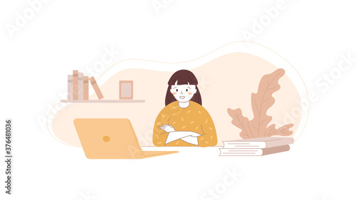 Online learning concept. Happy girl watching webinar. Distance education using laptop. Female looking at computer screen. Video calling, chat with skype tutor. Home work place. Vector illustration.