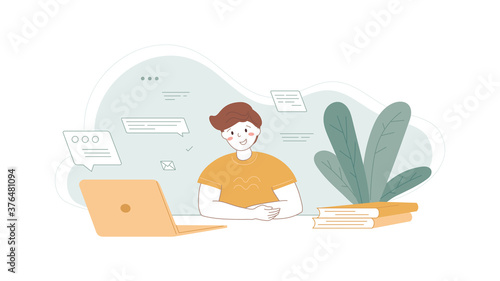 Online learning concept. Happy school student watching webinar. Distance education using laptop. Remote communication. Video calling, chat with skype, zoom tutor. Home work place. Vector illustration.