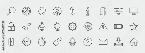 Set of Interface Related Vector Line Icons. Contains such Icons as User, Search, Info, Star, Bell, Door, Settings, Lock, Alert, Gear and more. Editable Stroke. 32x32 Pixels