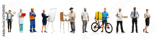Group of people with different professions on white studio background, horizontal. Modern workers of diverse occupations, models like accountant, cook, deliveryman, teacher, builder, painter, boss.