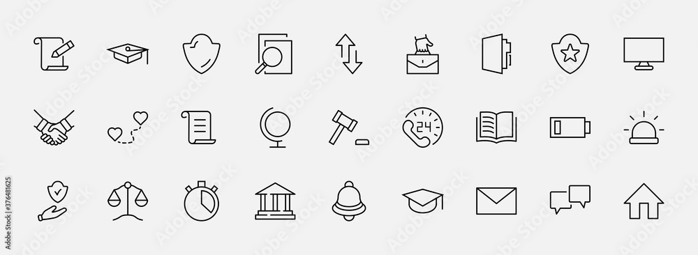 Set of Law and justice Vector Line Icons. Contains such Icons as weapon, arrest, authority, courthouse, gavel, legal, weapon and more. Editable stroke. 32x32 Pixels - obrazy, fototapety, plakaty 