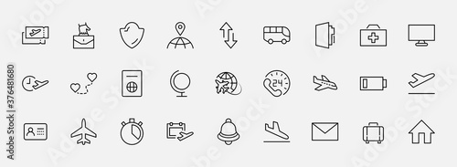Set of Airport Related Vector Line Icons. Contains such Icons as Globe, Departure, Plane, Bus, Tickets, Baggage Claim, Calendar, Kit and more. Editable Stroke. 32x32 Pixels.