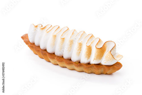 Lemon tart with meringue topping isolated on white