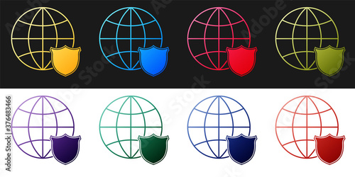 Set Shield with world globe icon isolated on black and white background. Security, safety, protection, privacy concept. Vector.