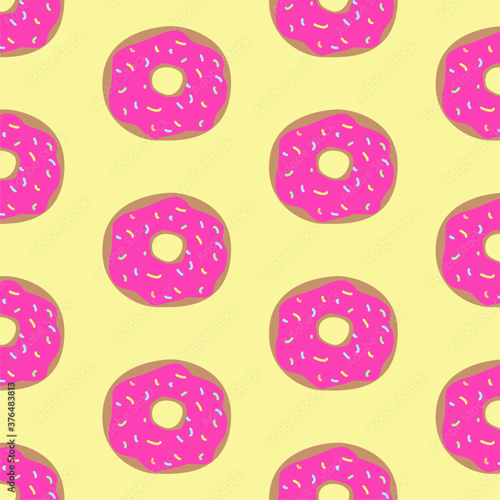 Seamless pattern with donuts on yellow board. Cute sweet food baby background. Colorful design for textile, wallpaper, fabric, decor. Design for packaging, banner, poster, menu in the bakery