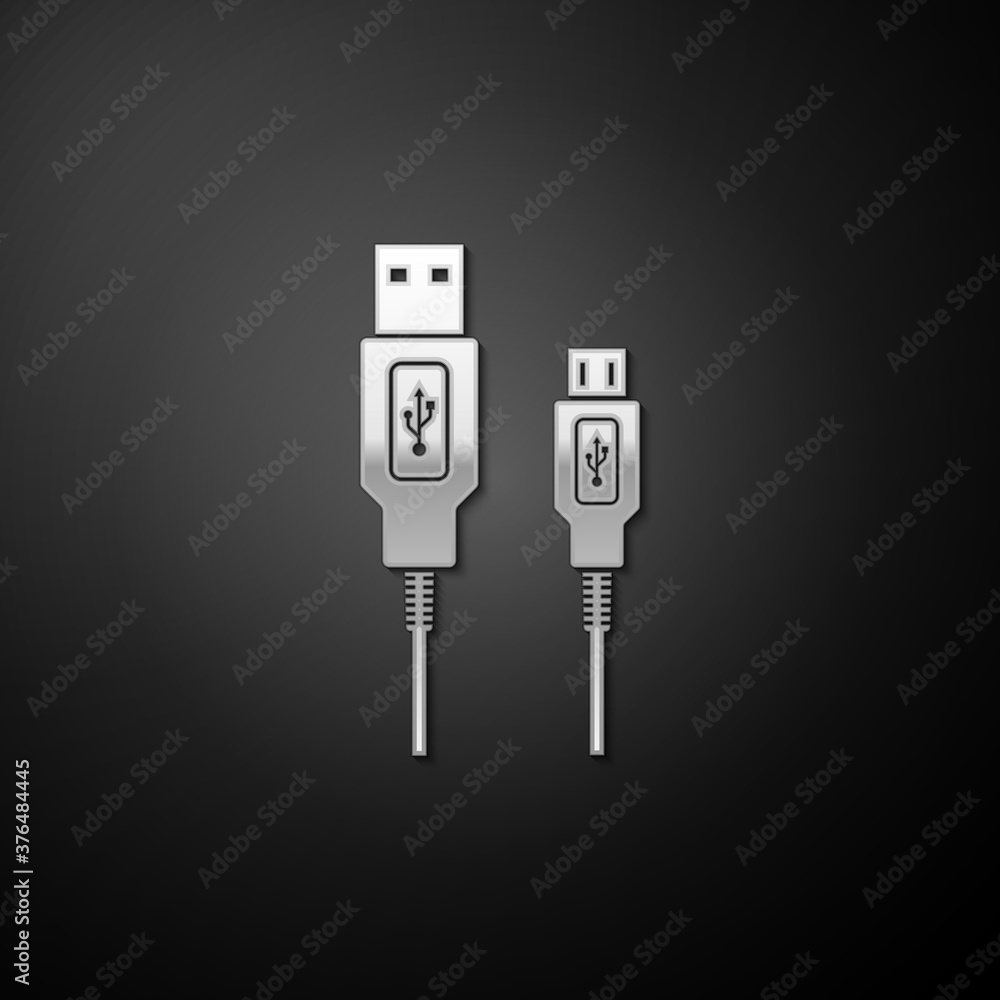Silver USB Micro cables icon isolated on black background. Connectors and sockets for PC and mobile devices. Smartphone recharge supply. Long shadow style. Vector. Silver USB Micro cables icon isolated on black background. Connectors and sockets for PC and mobile devices. Smartphone recharge supply. Long shadow style. Vector.