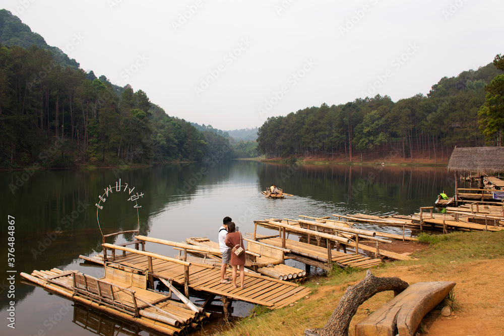 Rafting boat bamboo port for receive thai people and foreign travelers passengers tour Pang Ung lake in Pang Oung forest park or Switzerland of Thailand Ban Rak Thai in Mae Hong Son, Thailand