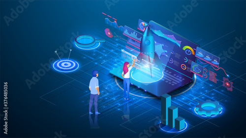Innovation teamwork startup. Technological emerging company, team launching rocket. Man and woman personnel, manager, coworkers working on laptop or computer, doing tasks. Vector illustration