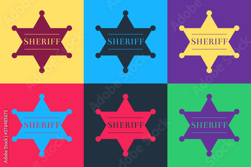 Pop art Hexagonal sheriff star icon isolated on color background. Sheriff badge symbol. Vector.