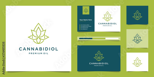 combine leaf and drop with line art style. premium cbd oil, marijuana, cannabis logo design and business card.
