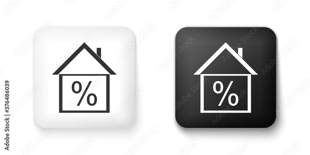 Black and white House with discount tag icon isolated on white background. House percentage sign price. Real estate home. Credit percentage symbol. Money loan.Square button. Vector.