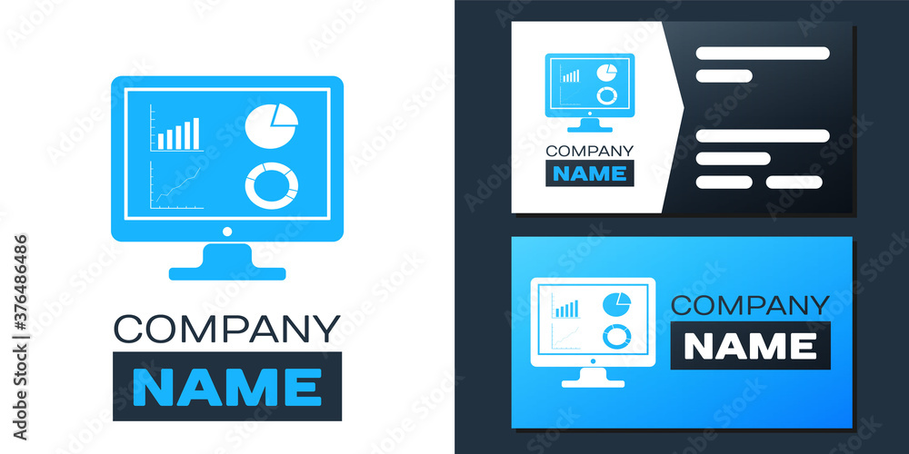 Logotype Computer monitor with graph chart icon isolated on white background. Report text file icon. Accounting sign. Audit, analysis, planning. Logo design template element. Vector.