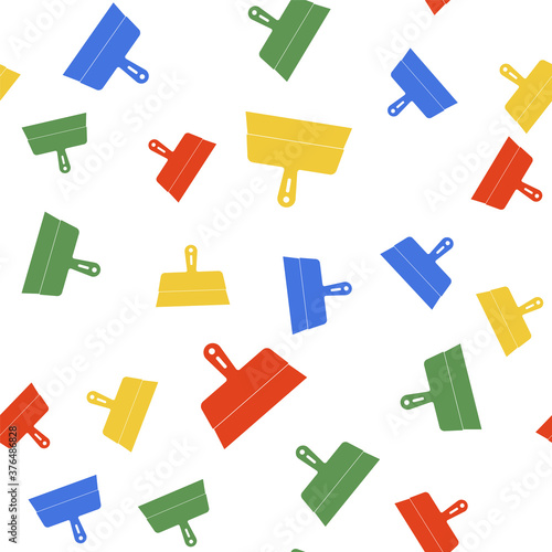 Color Putty knife icon isolated seamless pattern on white background. Spatula repair tool. Spackling or paint instruments. Vector.