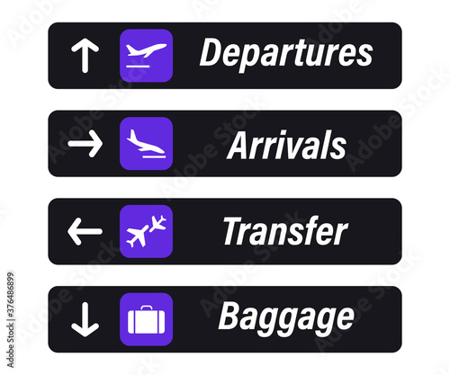 Airport Sign. Arrivals, departures, baggage and transfer - information board signs. Check in, information panel on the direction of arrivals and departures at airports. Takeoff and landing airplane