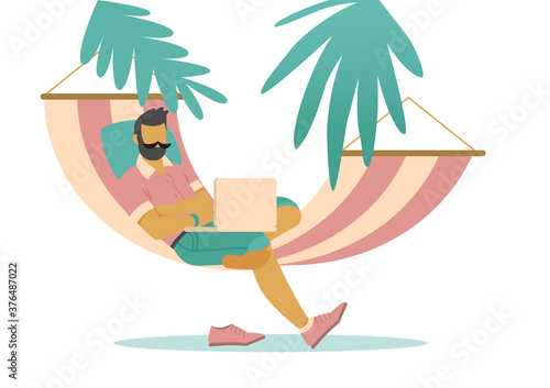 Freelancer working in a hammock, Flat style cartoon faceless character. Lifestyle concept. Minimal vector illustration.