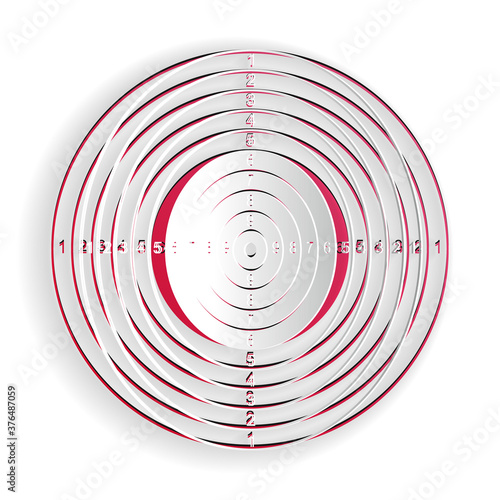 Paper cut Target sport for shooting competition icon isolated on white background. Clean target with numbers for shooting range or pistol shooting. Paper art style. Vector.