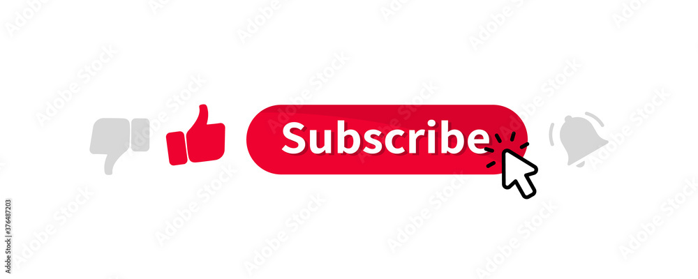 Subscribe button. Live video streaming. User interface element. Social media content. Vector isolated element. Like symbol. Video play button symbol. Social media content. Finger cursor vector - obrazy, fototapety, plakaty 