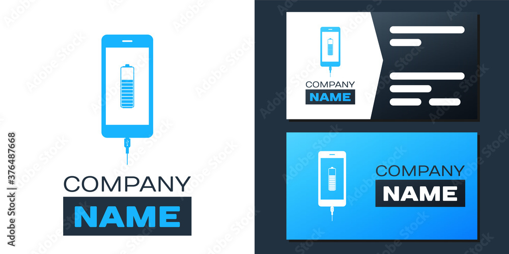 Logotype Smartphone battery charge icon isolated on white background. Phone with a low battery charge and with USB connection. Logo design template element. Vector.