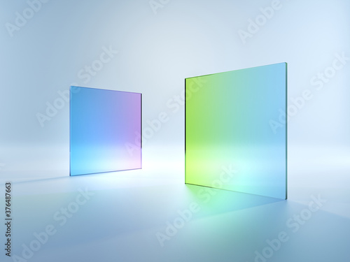 3d render, abstract simple geometrical shapes isolated on white background. Flat square glass with blue violet green gradient. Modern minimal concept