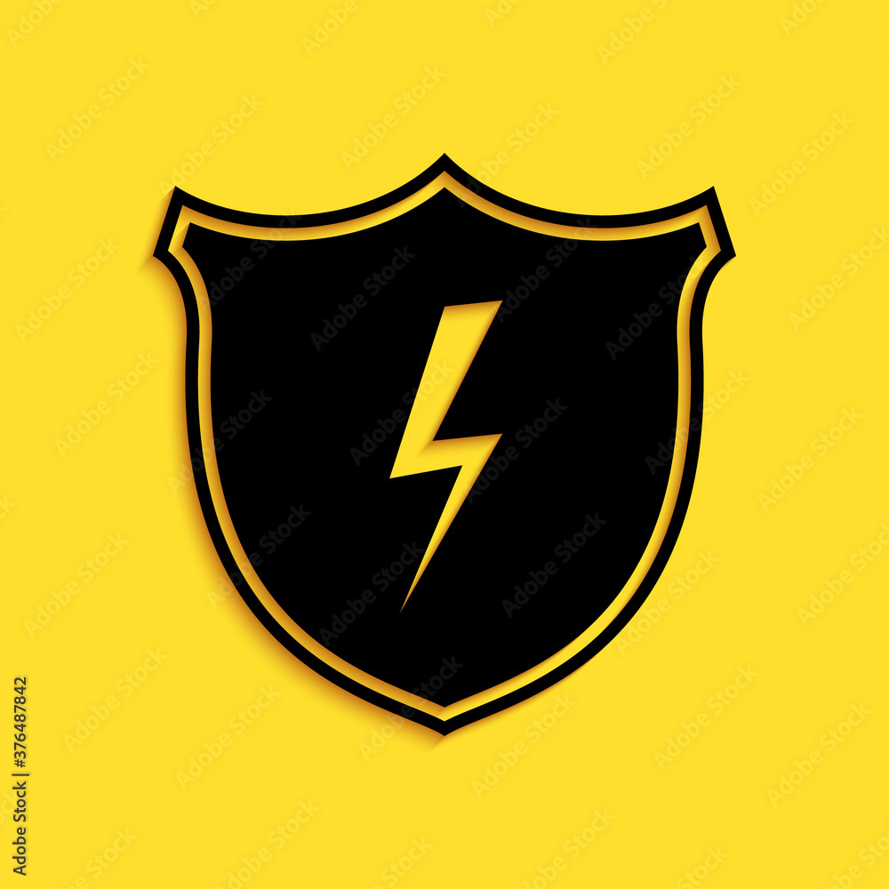 Black Secure shield with lightning icon isolated on yellow background. Security, safety, protection, privacy concept. Long shadow style. Vector. Black Secure shield with lightning icon isolated on yellow background. Security, safety, protection, privacy concept. Long shadow style. Vector.