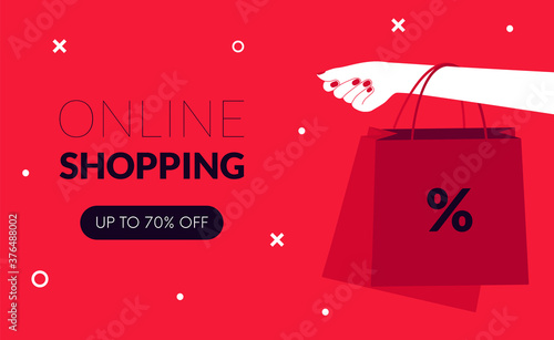 Online shopping sale. Black friday. Women hand holding shopping bags. Vector