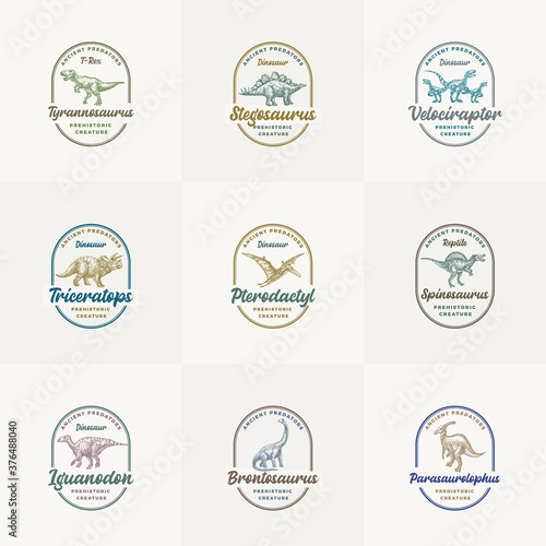 Prehistoric Creature Dinosaur Abstract Signs, Symbols or Logo Templates Collection. Hand Drawn Ancient Reptiles with Retro Typography in Frames. Vector Emblem Concept Bundle.