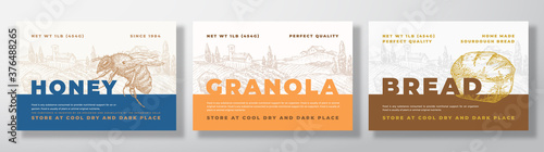 Hone, Granola and Bread Food Label Templates Set. Abstract Vector Packaging Design Layouts Bundle. Modern Typography Banners with Hand Drawn Rural Landscape Background.