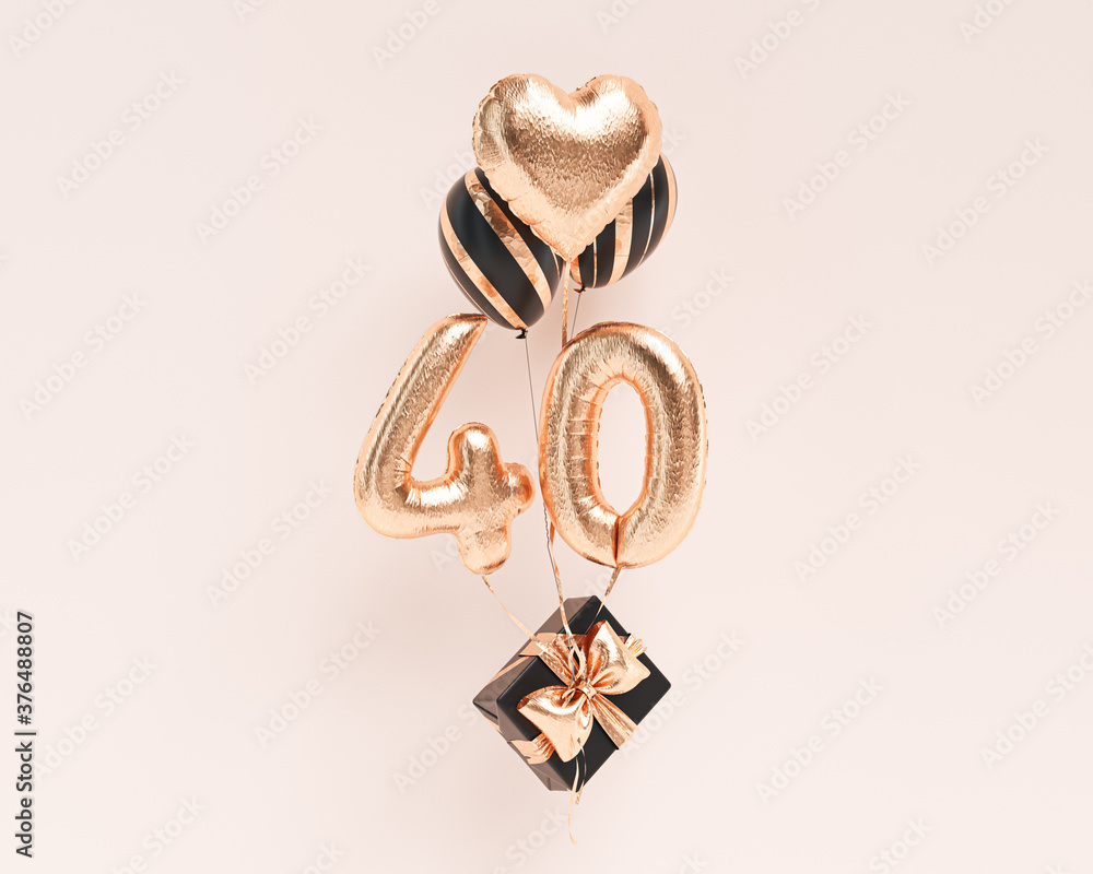 40 years old. Gold balloons number 40th anniversary, happy birthday congratulations. 3d rendering. - obrazy, fototapety, plakaty 