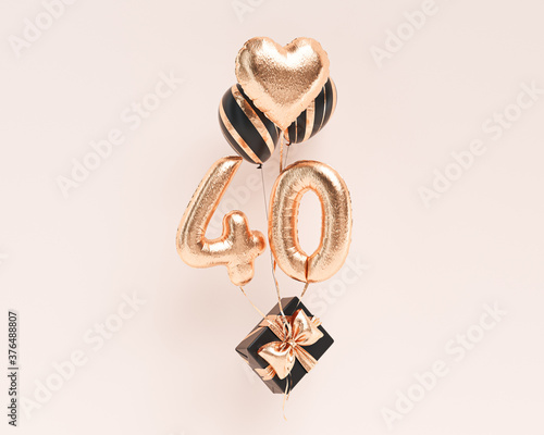 40 years old. Gold balloons number 40th anniversary, happy birthday congratulations. 3d rendering. photo