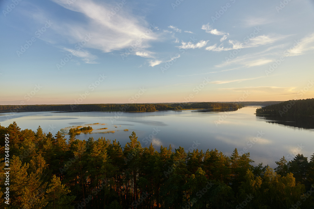 view from the tower, beautiful lake in evening