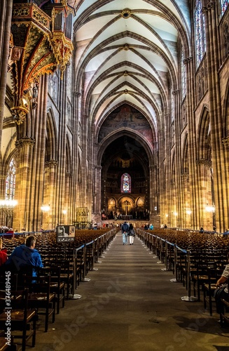 The monumental interior of the Strasbourg Cathedral in Alsace, France
