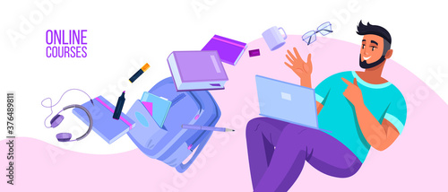 Online courses or webinar vector illustration with cheerful student, laptop. Internet university or school education banner with bag, headphones, books. Online education vector concept with young man