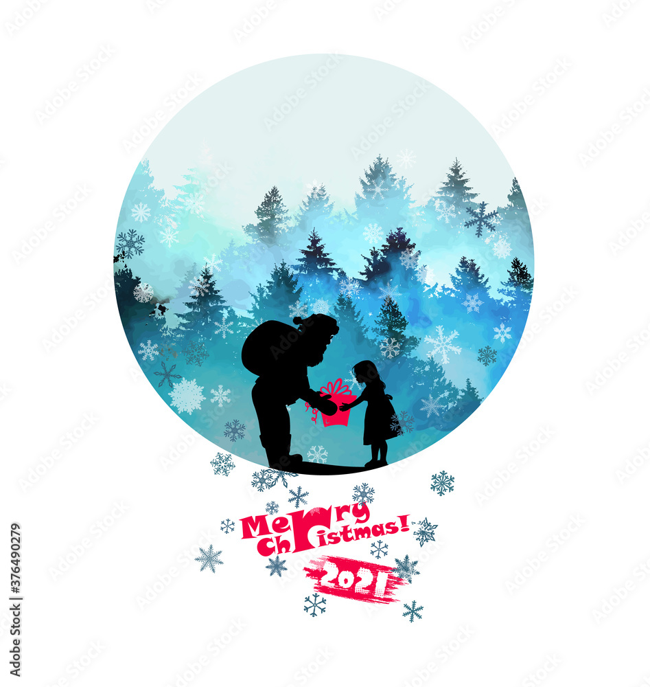 Santa Claus gives a gift to the girl. Merry Christmas. Happy New Year 2021. Mixed media. Vector illustration Santa Claus gives a gift to the girl. Merry Christmas. Happy New Year 2021. Mixed media. Vector illustration