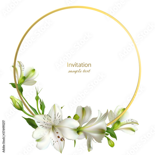 Flowers. White lilies. Golden frame. Floral background. Gold ring.