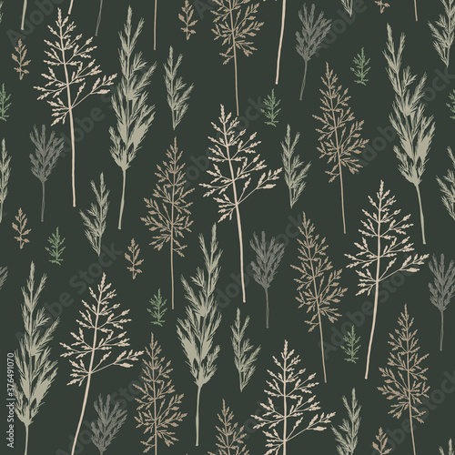 Seamless pattern of different types of field herbs and branches. For paper, covers, fabric, gift wrapping, wall painting, decorative interior design. Vector design.