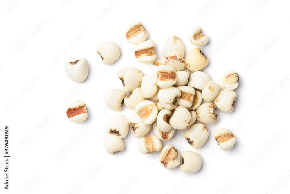 Flat lay (top view) pile of Job's tears ( Adlay millet) isolated on white background.