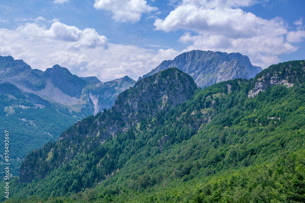 Fototapeta premium Summer landscape – Albanian mountains, covered with green trees, clouds on blue sky.
