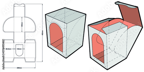 No glue cardboard Cake Box (Internal measurement 9x9x12.5cm) and Die-cut Pattern. The .eps file is full scale and fully functional. Prepared for real cardboard production.