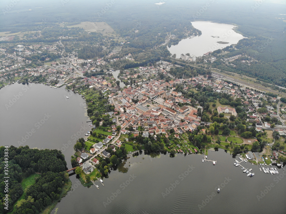 Aerial view of town Fürstenberg on the river Havel